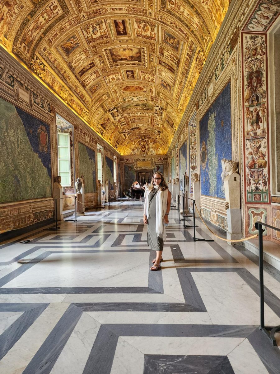 Jessica in the Vatican Museum’s Gallery of Maps.  The series of maps are hand painted topographical maps of Italy based on drawings of the Friar and Geographer Ignazio Danti.