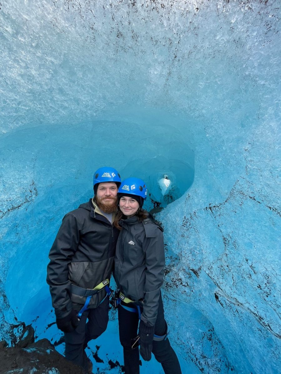 Sage and Jon inside a newly-forming glacier cave on Breiðamerkurjökull on August 10.  While hiking to this location they were able to see the different layers of ice and volcanic ash that have built up over the centuries.