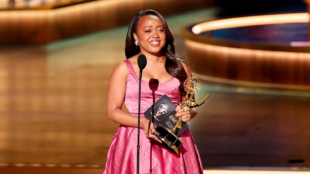 Quinta Brunson on stage receiving the Best Comedy Actress Emmy for ‘Abbott Elementary’ on January 15th, 2024.