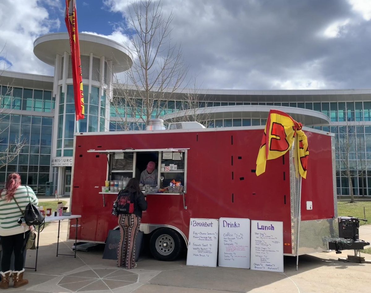 The distinctive red food truck has been parked on the campus quad since March 13.