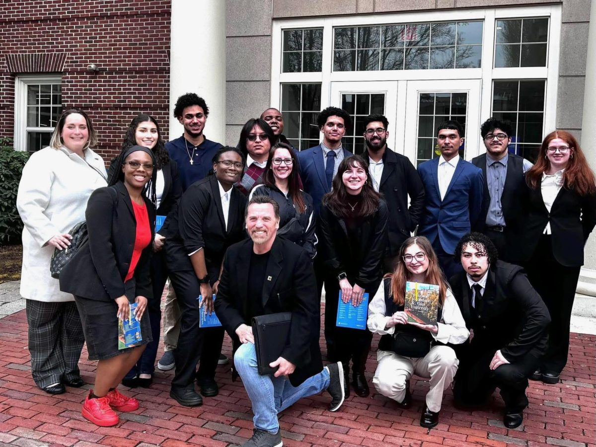 Members of the CT State Manchester Chapter of the National Society of Minorities in Hospitality met with Shannon Baldassario of MACC charities, in the center, wearing glasses, in the fall. Photo courtesy of MACC Charities.