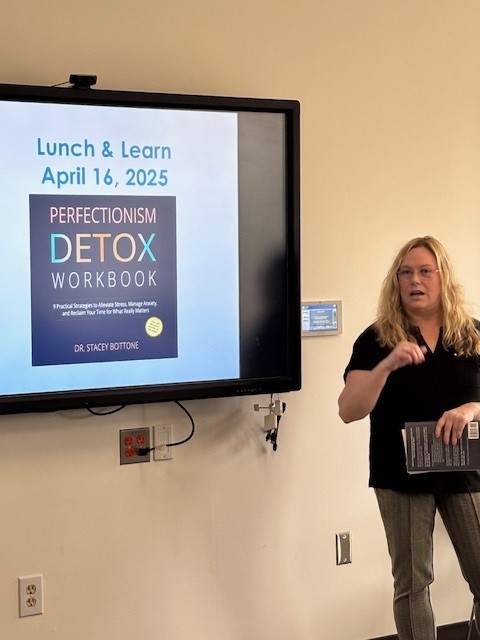 Dr. Stacey Bottone gave a talk about her research and findings on Perfectionism as part of the Lunch & Learn Series on campus April 16. Photo courtesy of Sandra Rimetz.