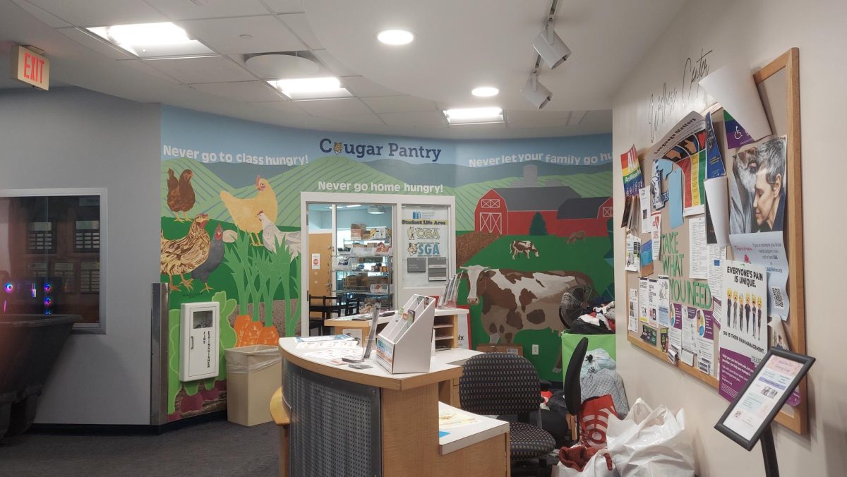 The Cougar Pantry is in the Student Services Center building, on the first floor in L149. 